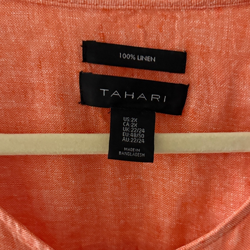 Tahari Orange Button-Down Linen Shirt - Picture 2 of 7